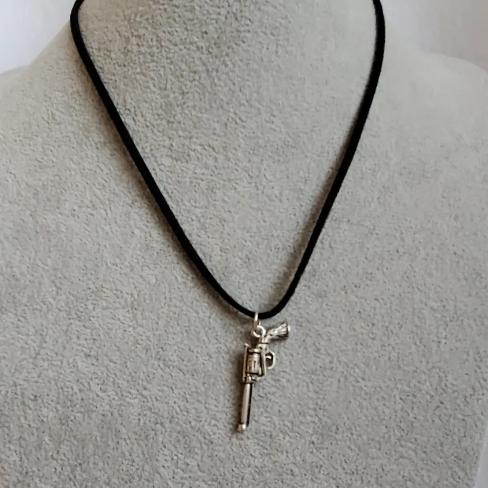 Mens silver revolver gun charm black suede necklace